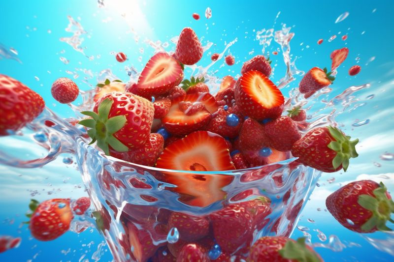 strawberry red fresh healthy freshness water blue fruit food background splash. Generative AI.