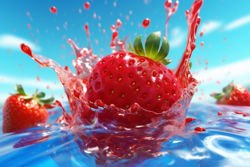 splash strawberry healthy fruit background red water food blue freshness fresh. Generative AI.