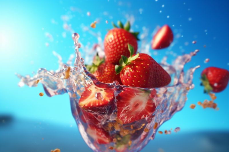 food healthy water background red strawberry fresh freshness fruit splash blue. Generative AI.