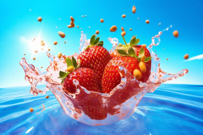 food healthy fruit water splash background strawberry freshness red fresh blue. Generative AI.