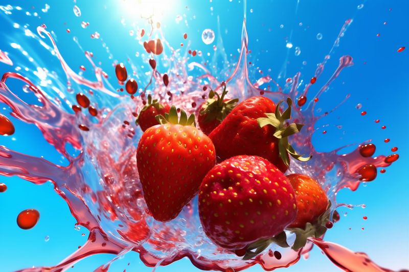 water fruit fresh background blue freshness food splash healthy red strawberry. Generative AI.