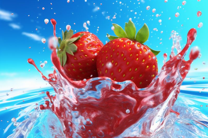 water splash red food healthy freshness fresh strawberry fruit background blue. Generative AI.