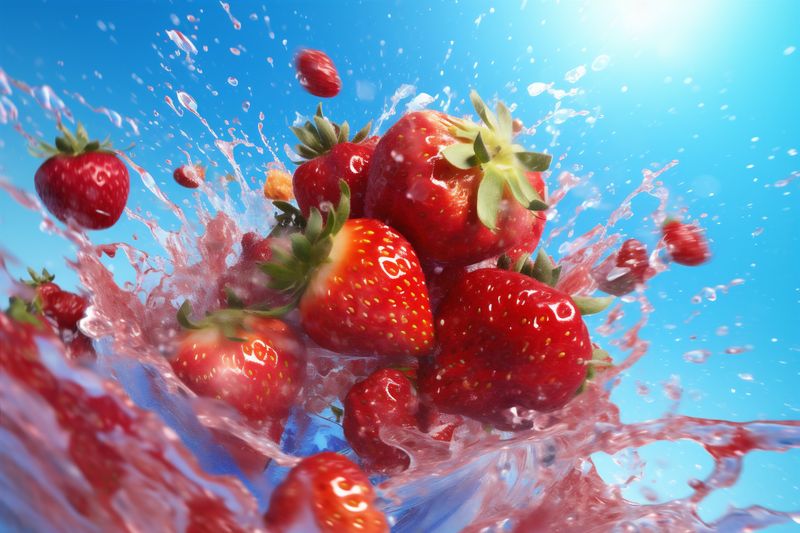freshness fruit fresh splash blue food background red strawberry healthy water. Generative AI.