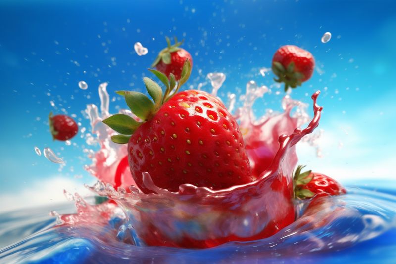 food splash freshness background blue fresh strawberry fruit red water healthy. Generative AI.