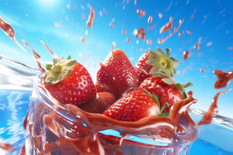healthy blue food background fresh red water freshness fruit splash strawberry. Generative AI.