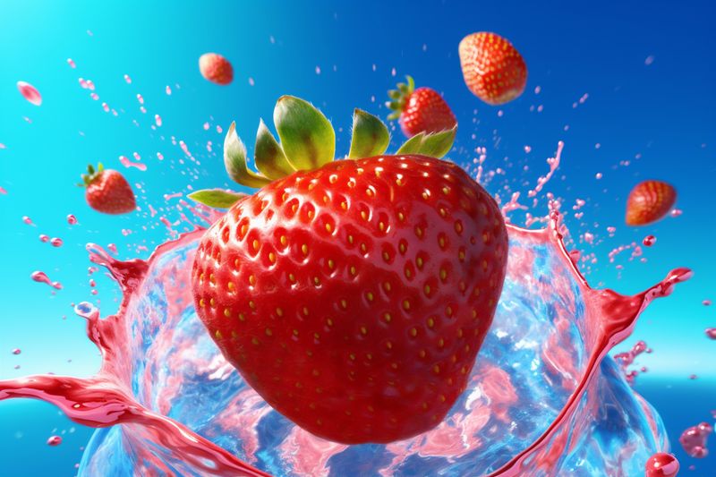 blue background red fresh freshness strawberry healthy water splash food fruit. Generative AI.