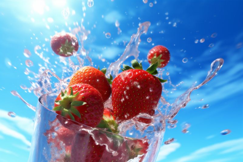 healthy food red splash water strawberry fresh fruit background blue freshness. Generative AI.