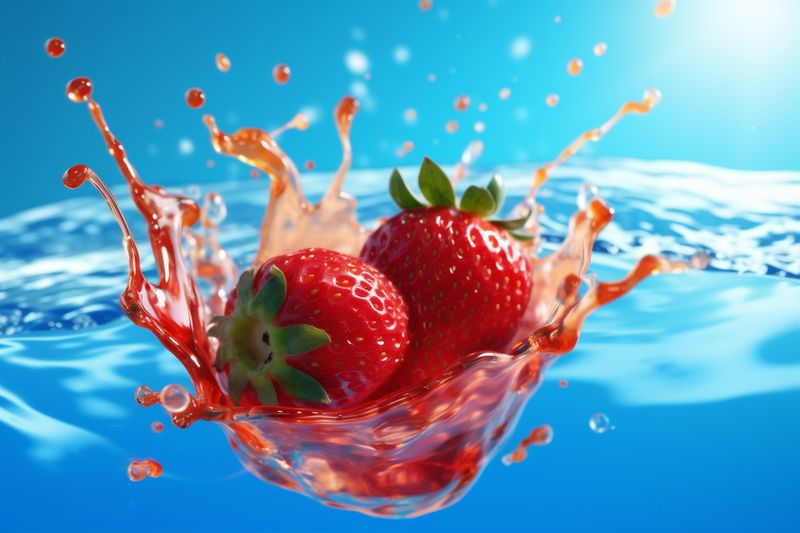 water strawberry freshness blue red fruit healthy splash background food fresh. Generative AI.