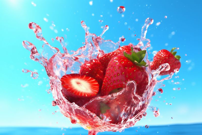 background healthy freshness fresh red splash food strawberry blue fruit water. Generative AI.
