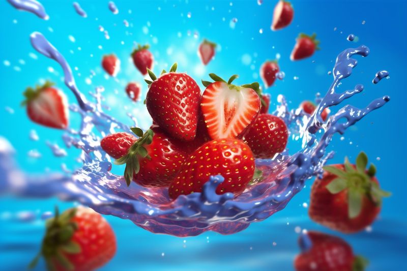 food blue background freshness water strawberry red healthy fruit splash fresh. Generative AI.