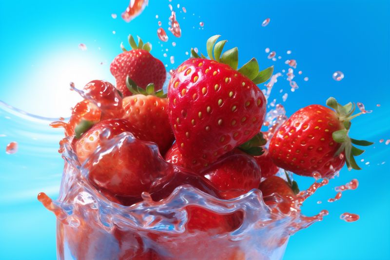 water fruit food freshness blue strawberry healthy fresh splash red background. Generative AI.