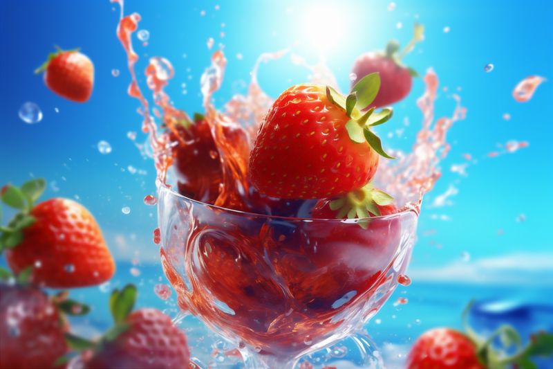 red fruit background fresh healthy blue food water freshness splash strawberry. Generative AI.