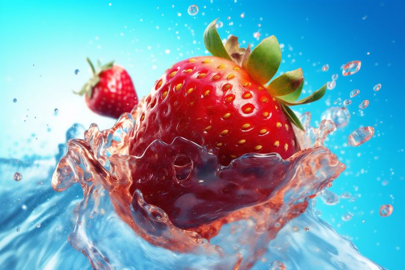 food fruit water splash fresh red freshness blue healthy background strawberry. Generative AI.