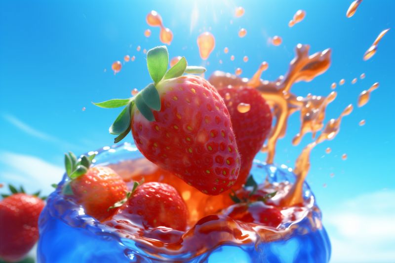 red fresh splash strawberry blue food freshness water background healthy fruit. Generative AI.
