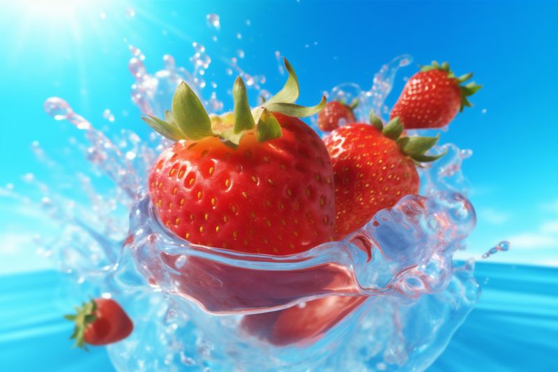 water healthy red splash blue fruit background fresh strawberry food freshness. Generative AI.
