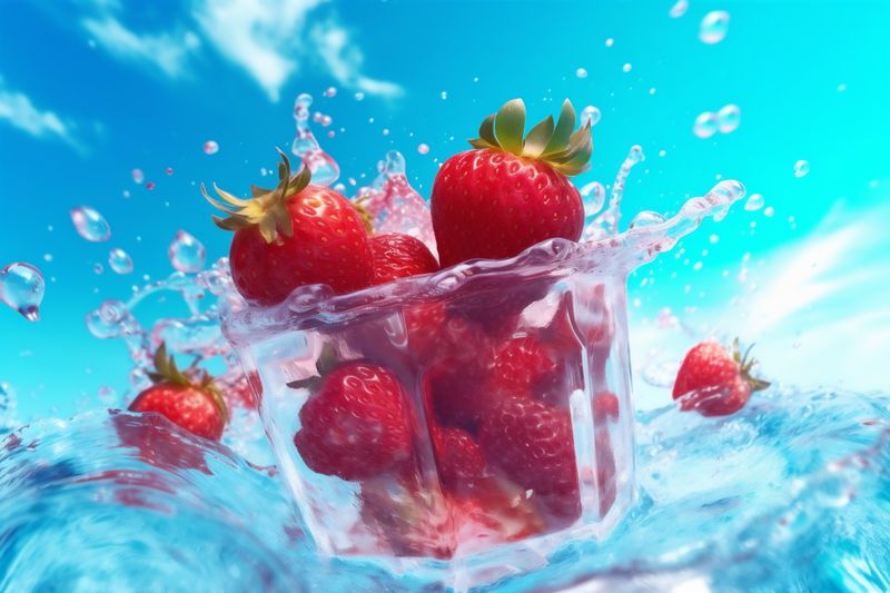 fruit food background freshness water red healthy strawberry blue fresh splash. Generative AI.