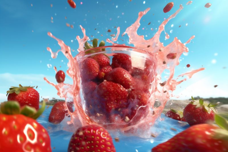 red strawberry water blue freshness healthy fruit fresh food background splash. Generative AI.