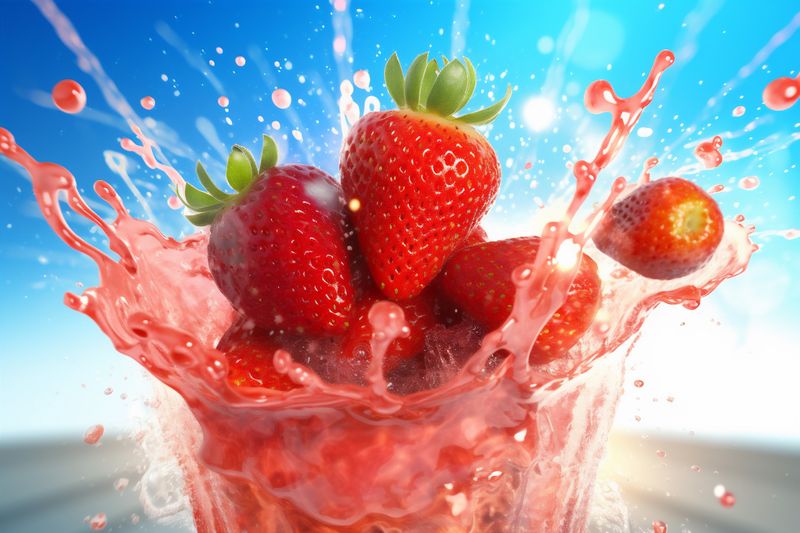 strawberry blue water background fresh freshness food red healthy splash fruit. Generative AI.