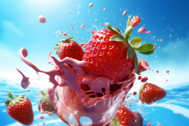 fruit water freshness splash blue fresh healthy food red strawberry background. Generative AI.
