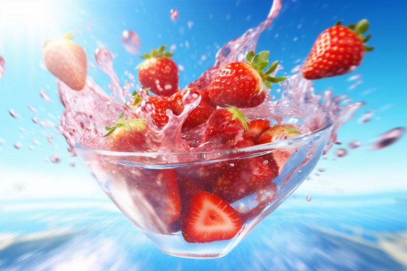 strawberry food fruit background splash healthy fresh red blue freshness water. Generative AI.