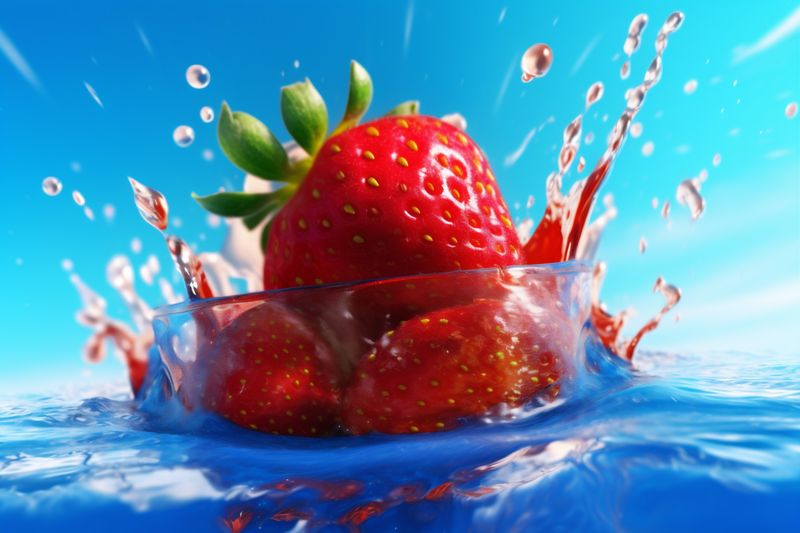 strawberry fresh healthy fruit blue food red water splash background freshness. Generative AI.