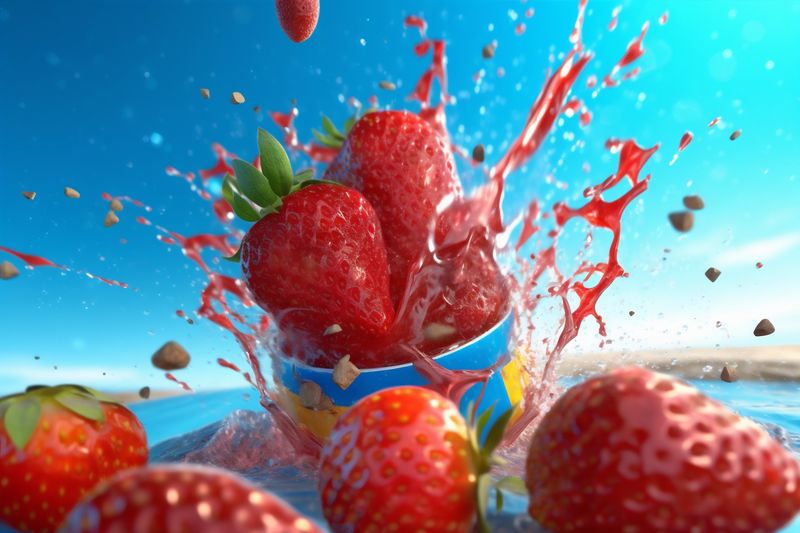 freshness splash strawberry fresh fruit water food blue background red healthy. Generative AI.