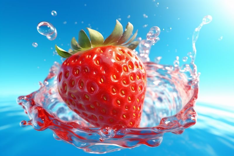 blue background healthy splash red strawberry fresh food fruit water freshness. Generative AI.
