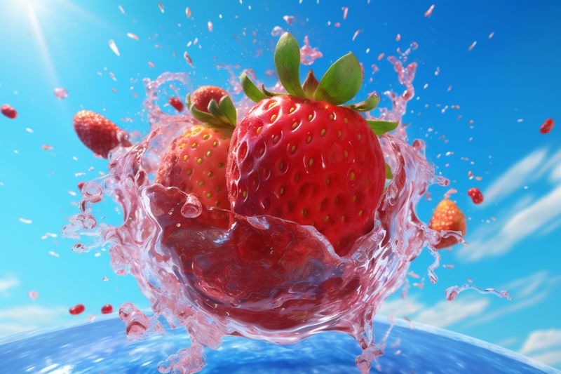 strawberry fruit water fresh freshness healthy blue background red splash food. Generative AI.