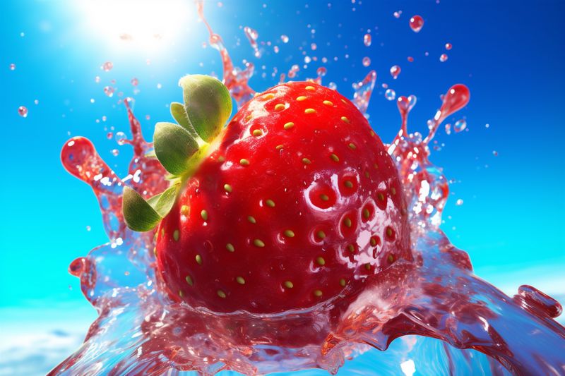 background water food fruit strawberry red splash fresh healthy freshness blue. Generative AI.