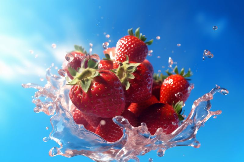background food red splash fresh fruit freshness blue healthy water strawberry. Generative AI.