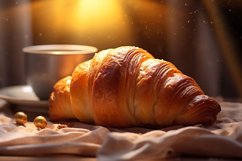 bokeh croissant france table morning background breakfast drink background food bakery cup. Generative AI.