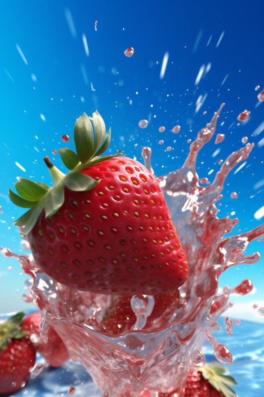 background healthy food splash freshness water blue fresh fruit strawberry red. Generative AI.