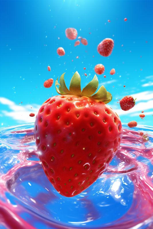red blue healthy strawberry water fresh fruit background freshness food splash. Generative AI.