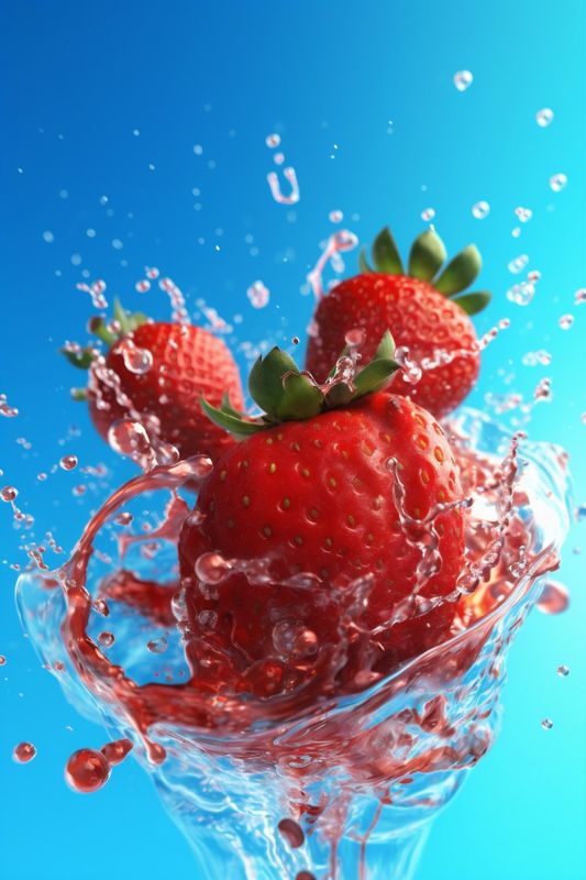 red background fruit blue water freshness strawberry fresh splash healthy food. Generative AI.