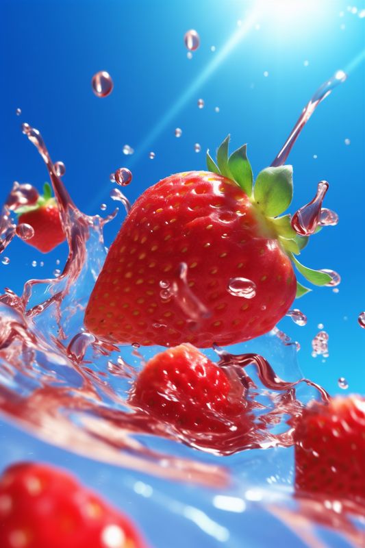 fresh red water food blue healthy background strawberry splash freshness fruit. Generative AI.