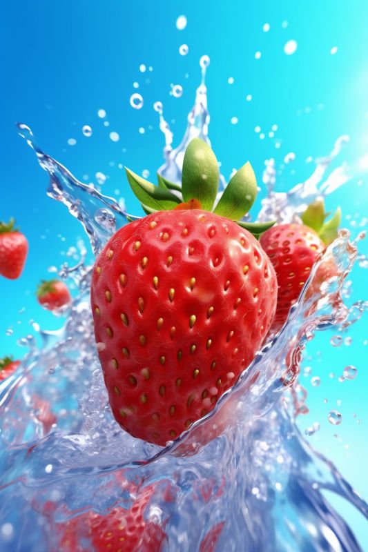 fruit freshness splash healthy strawberry fresh background water food blue red. Generative AI.
