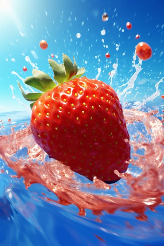 freshness background healthy splash blue food strawberry red fresh water fruit. Generative AI.