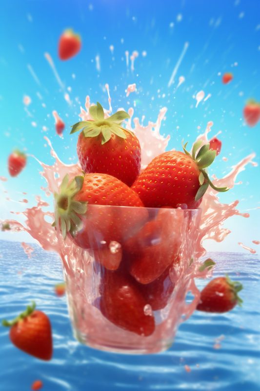 water healthy strawberry red background fruit food blue fresh splash freshness. Generative AI.