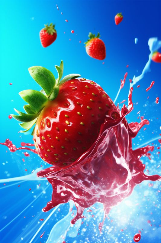 red healthy fresh background splash fruit freshness blue food strawberry water. Generative AI.