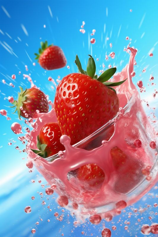 healthy red water strawberry splash background fresh blue food freshness fruit. Generative AI.