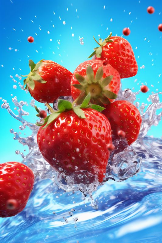 red splash blue background fresh healthy fruit strawberry water freshness food. Generative AI.