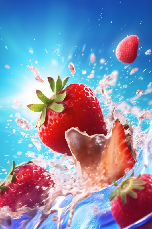 background red freshness fresh strawberry blue water splash healthy fruit food. Generative AI.