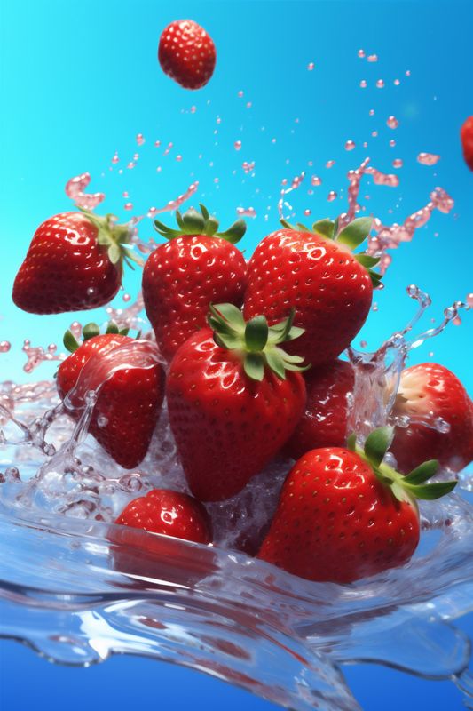 healthy water fresh food fruit splash blue strawberry red background freshness. Generative AI.