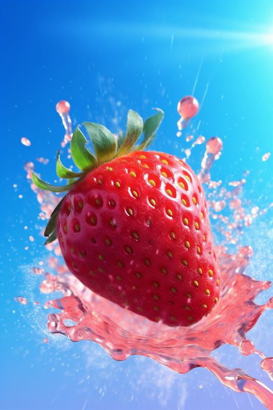 healthy blue fresh splash strawberry fruit red background food freshness water. Generative AI.