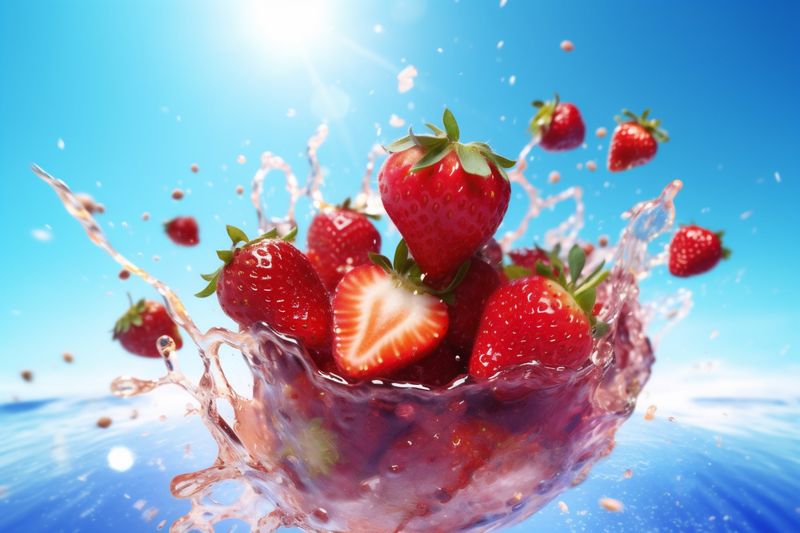 healthy splash background food water red fresh freshness blue strawberry fruit. Generative AI.