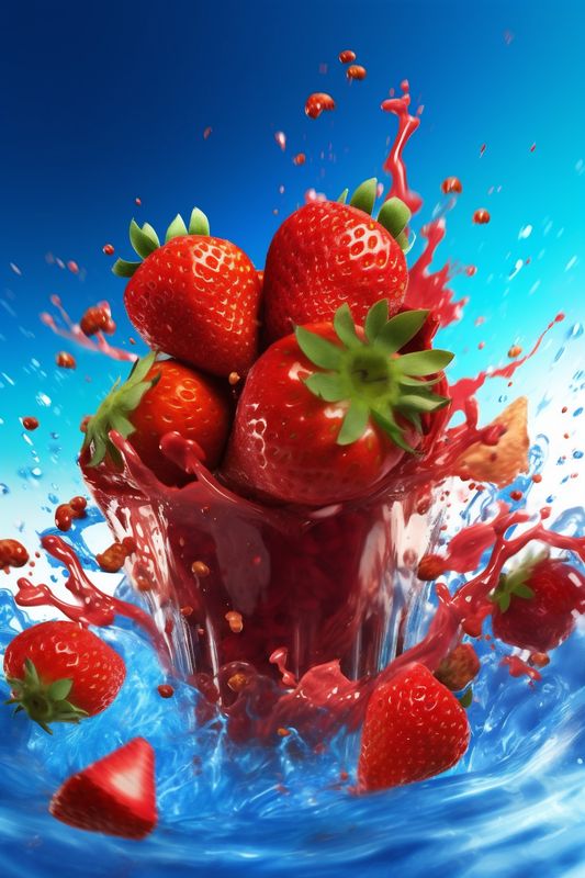 freshness healthy background strawberry water red blue splash fresh food fruit. Generative AI.