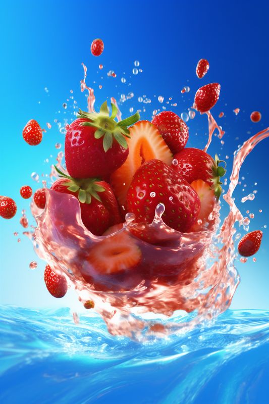 background blue freshness red food strawberry fresh splash water fruit healthy. Generative AI.