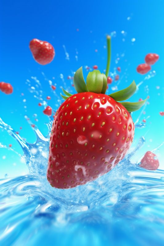 splash freshness food red fruit background blue fresh strawberry healthy water. Generative AI.