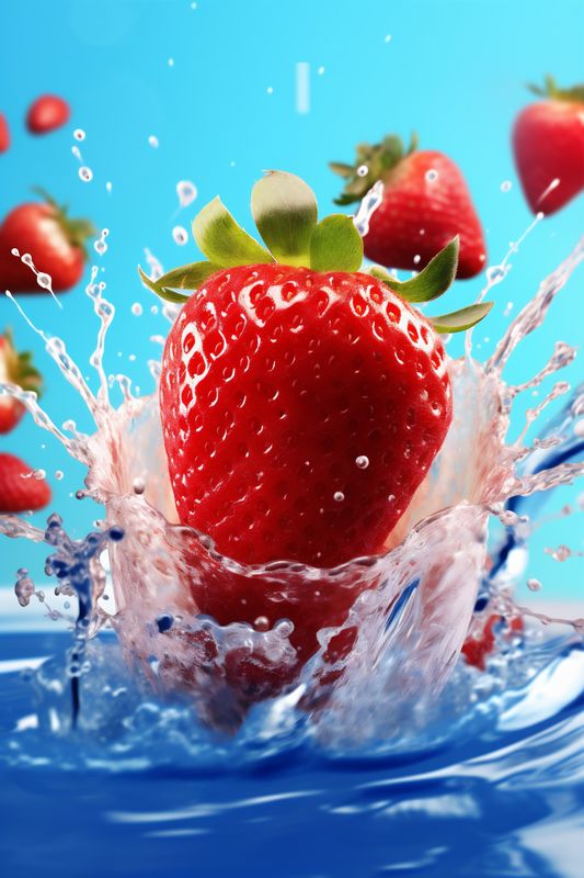 splash water freshness healthy fruit red fresh blue background food strawberry. Generative AI.