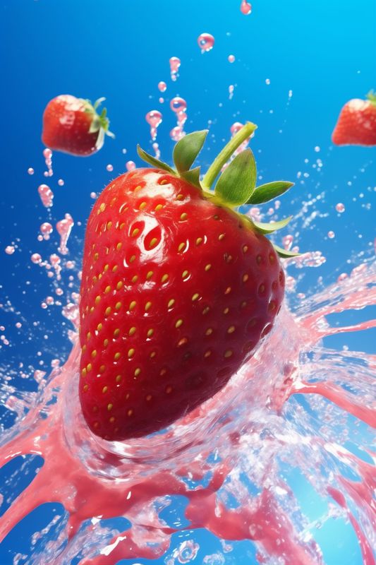 healthy fruit red strawberry water splash freshness background blue fresh food. Generative AI.